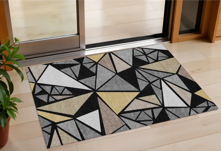 Black Beige And Gray Geometric Washable Indoor Outdoor Area Rug Photo 1
