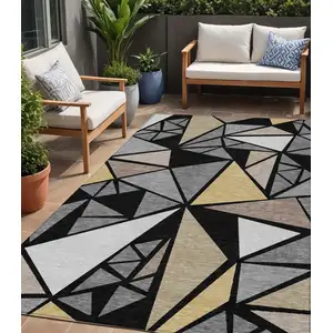 Photo of Black Beige And Gray Geometric Washable Indoor Outdoor Area Rug