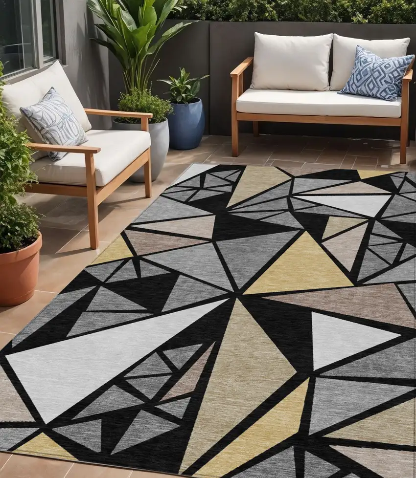 Black Beige And Gray Geometric Washable Indoor Outdoor Area Rug Photo 1