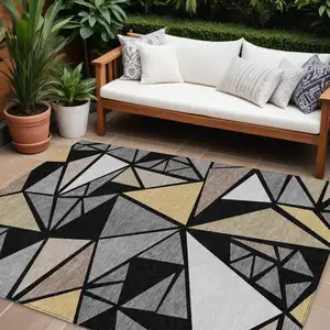 Photo of Black Beige And Gray Geometric Washable Indoor Outdoor Area Rug