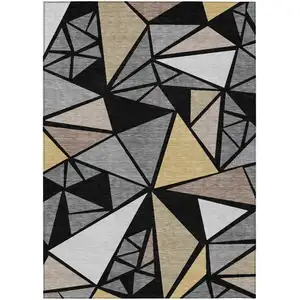 Photo of Black Beige And Gray Geometric Washable Indoor Outdoor Area Rug