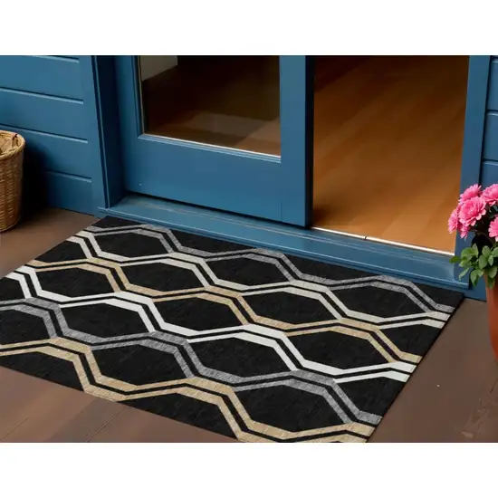 Black Beige And Gray Geometric Washable Indoor Outdoor Area Rug Photo 1