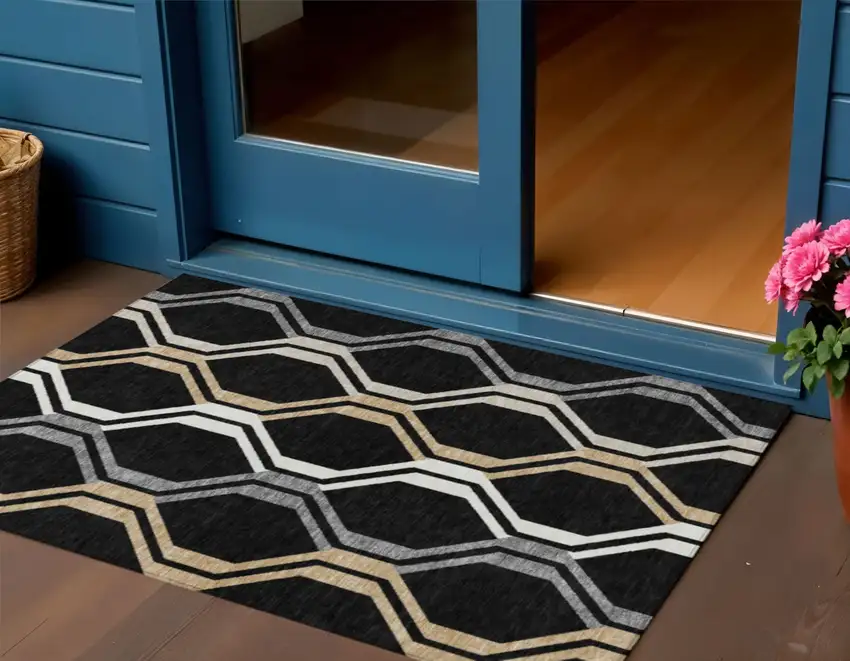 Black Beige And Gray Geometric Washable Indoor Outdoor Area Rug Photo 1