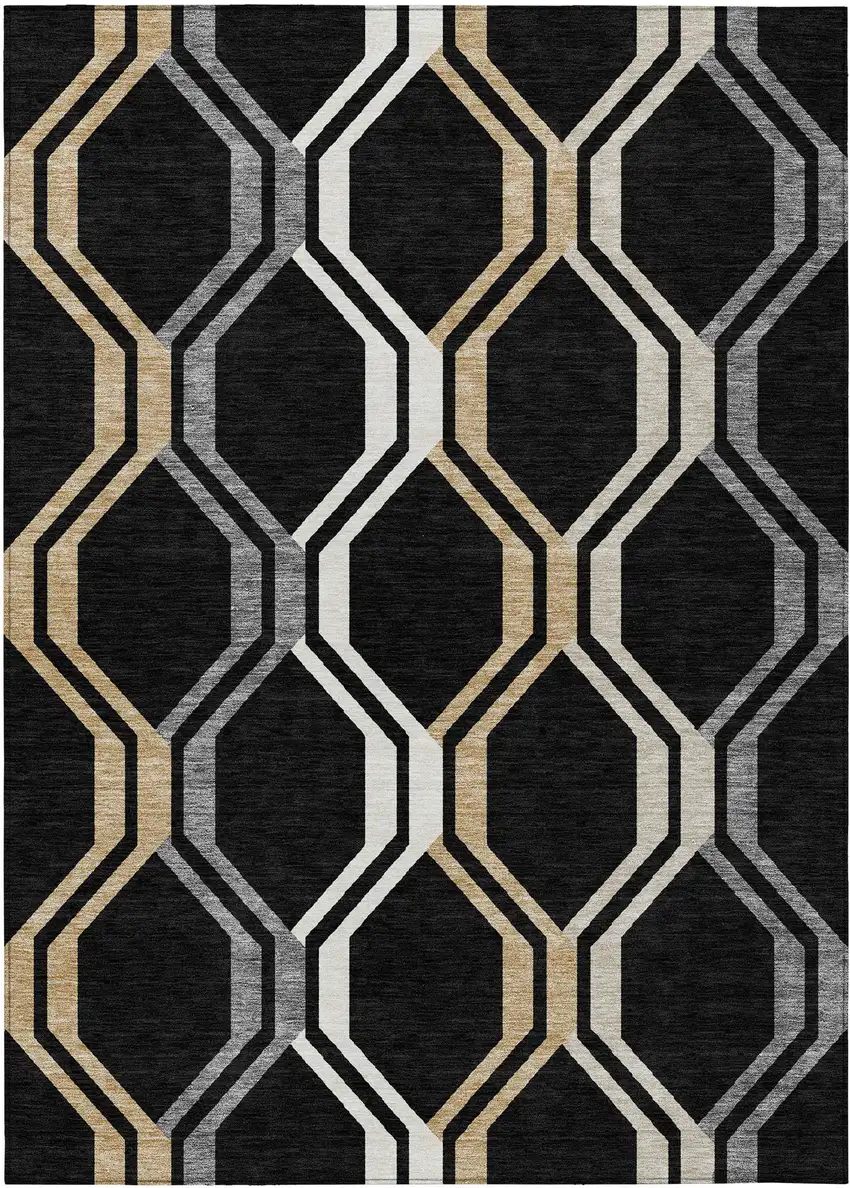 Black Beige And Gray Geometric Washable Indoor Outdoor Area Rug Photo 2