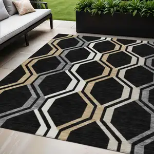 Photo of Black Beige And Gray Geometric Washable Indoor Outdoor Area Rug