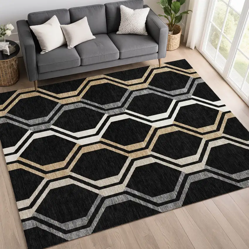 Black Beige And Gray Geometric Washable Indoor Outdoor Area Rug Photo 9