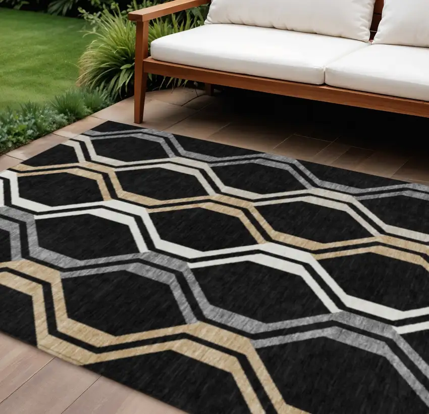 Black Beige And Gray Geometric Washable Indoor Outdoor Area Rug Photo 1