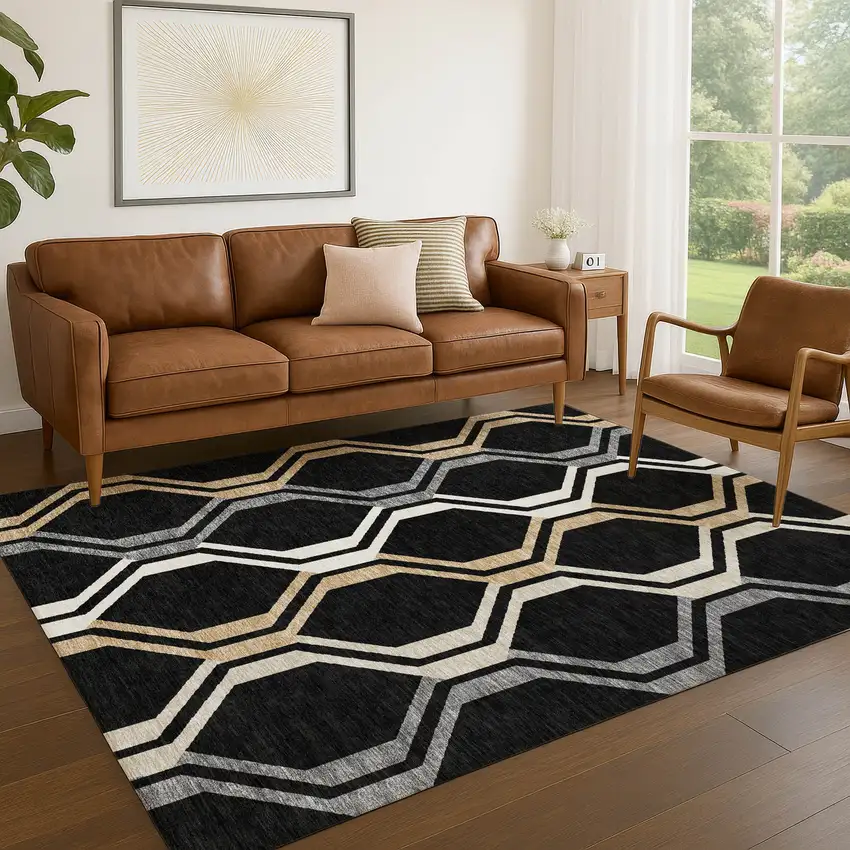 Black Beige And Gray Geometric Washable Indoor Outdoor Area Rug Photo 9