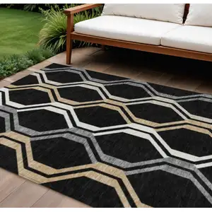 Photo of Black Beige And Gray Geometric Washable Indoor Outdoor Area Rug