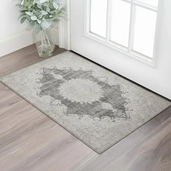 Black Beige And Gray Oriental Washable Area Rug With UV Protection Photo 2