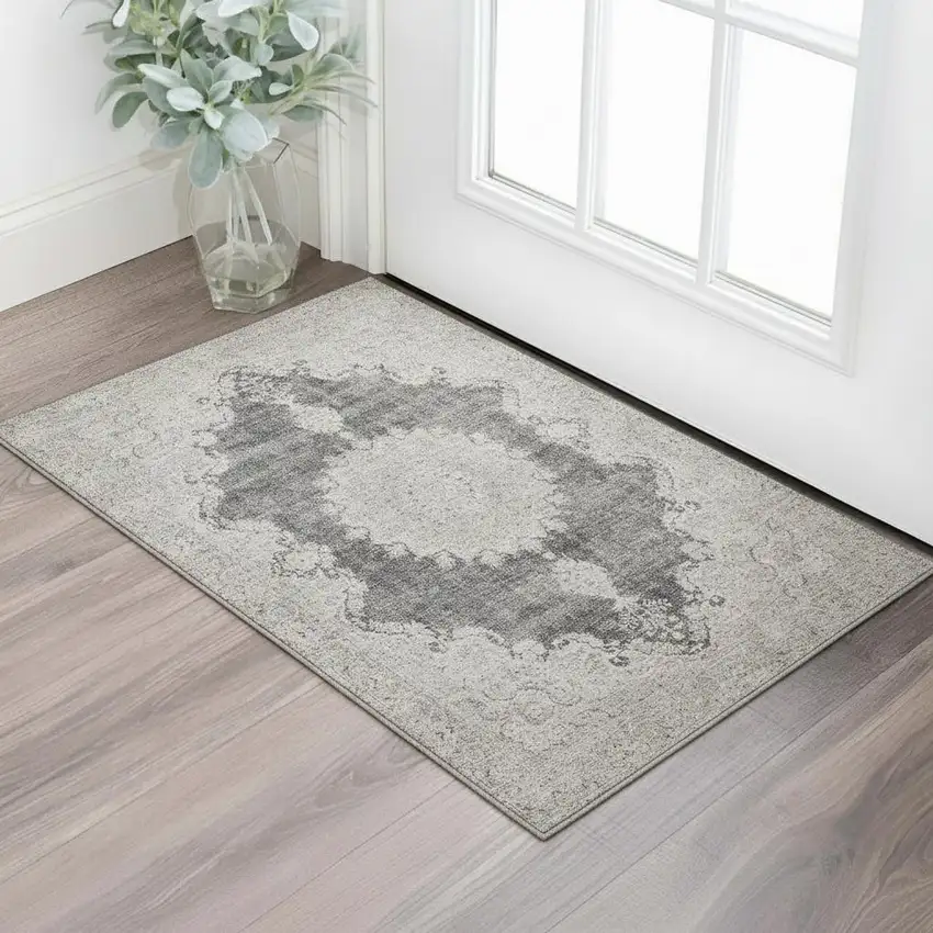 Black Beige And Gray Oriental Washable Area Rug With UV Protection Photo 2