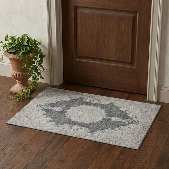 Black Beige And Gray Oriental Washable Area Rug With UV Protection Photo 1