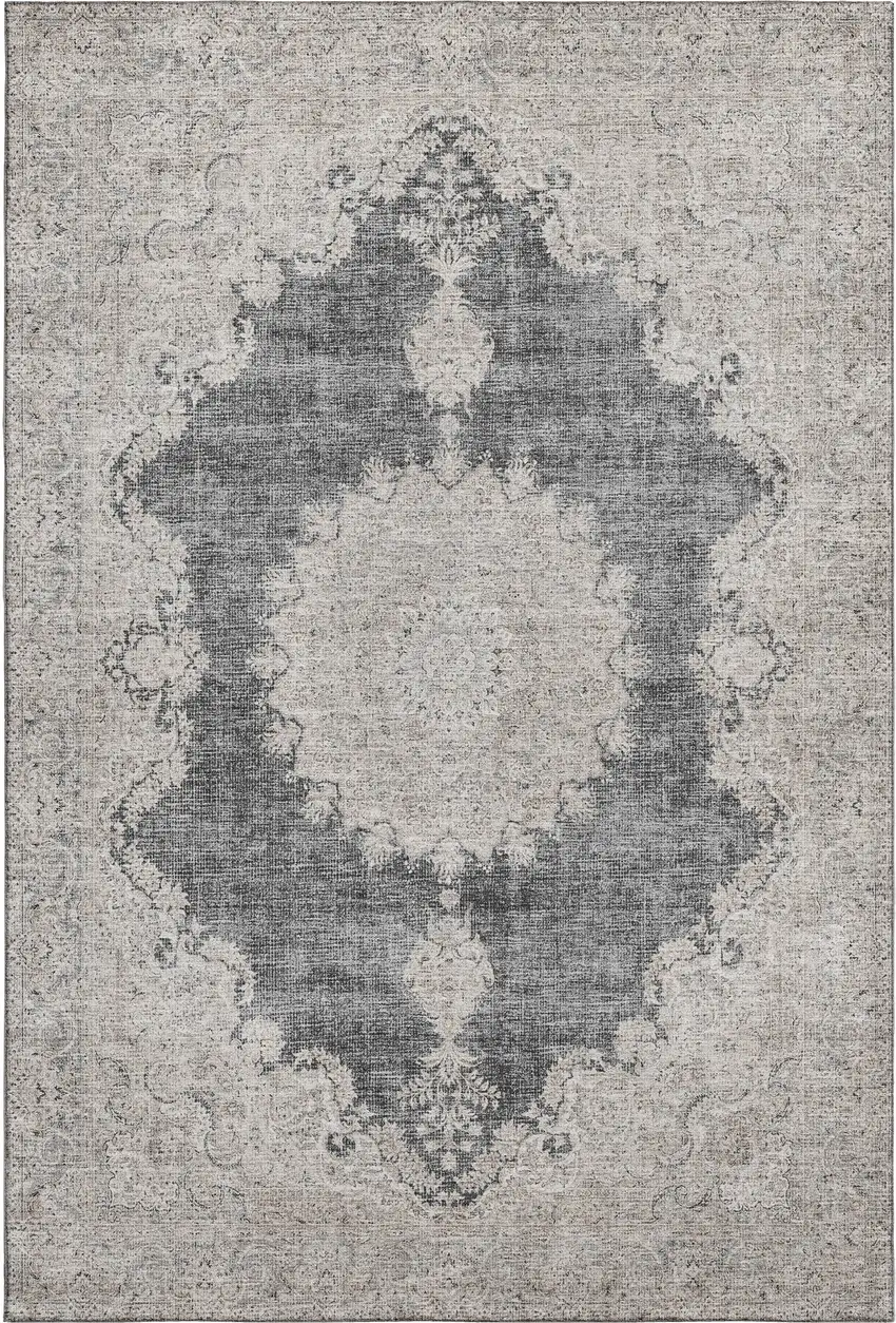 Black Beige And Gray Oriental Washable Area Rug With UV Protection Photo 1