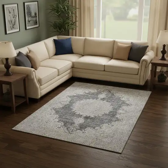 Black Beige And Gray Oriental Washable Area Rug With UV Protection Photo 2