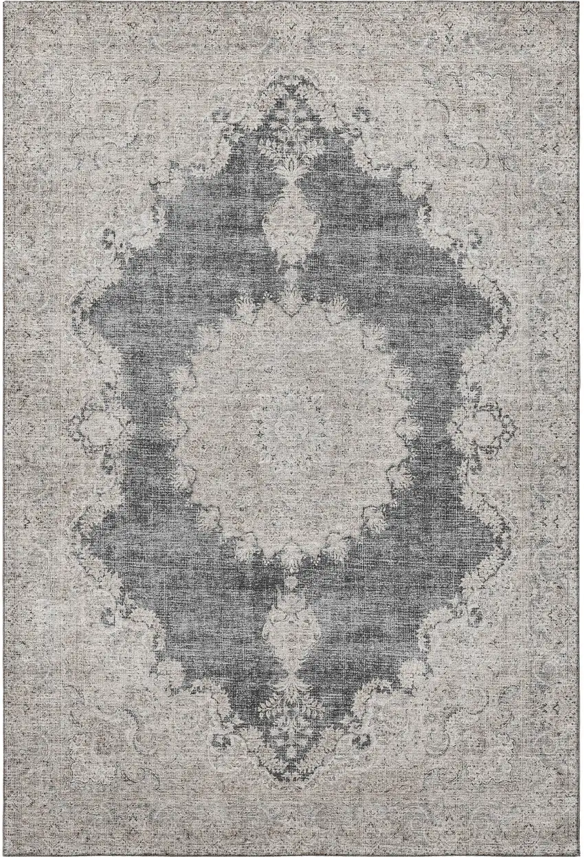 Black Beige And Gray Oriental Washable Area Rug With UV Protection Photo 3