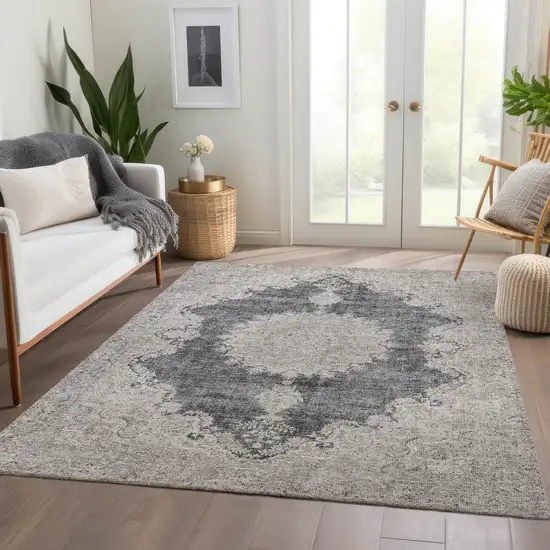 Black Beige And Gray Oriental Washable Area Rug With UV Protection Photo 5