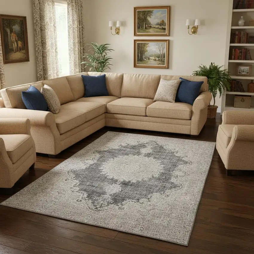 Black Beige And Gray Oriental Washable Area Rug With UV Protection Photo 2