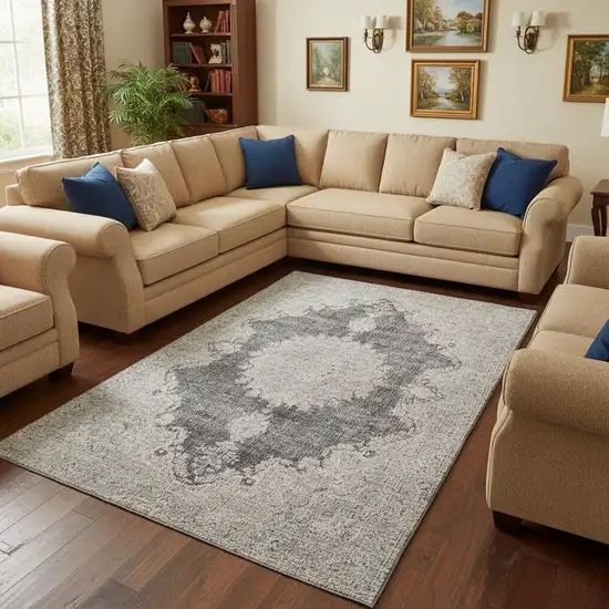 Black Beige And Gray Oriental Washable Area Rug With UV Protection Photo 2