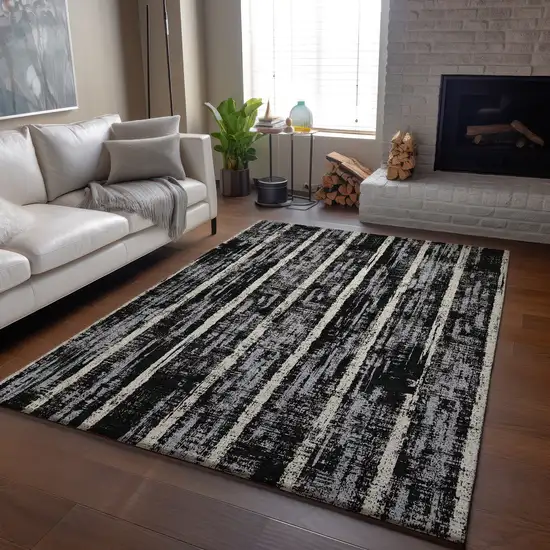 Black Beige And Gray Striped Washable Area Rug With UV Protection Photo 6