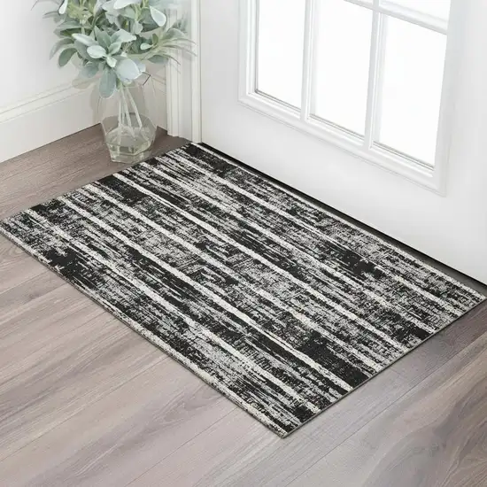 Black Beige And Gray Striped Washable Area Rug With UV Protection Photo 1