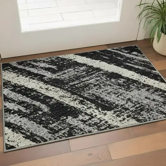 Black Beige And Gray Striped Washable Area Rug With UV Protection Photo 2
