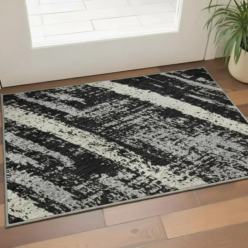 Black Beige And Gray Striped Washable Area Rug With UV Protection Photo 2