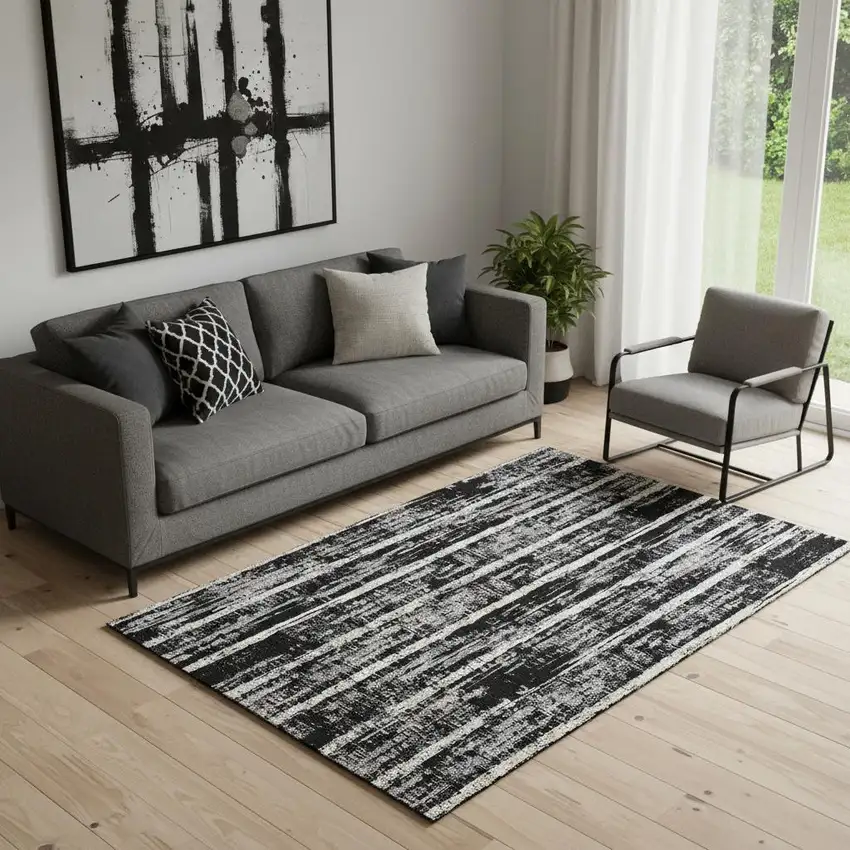 Black Beige And Gray Striped Washable Area Rug With UV Protection Photo 1