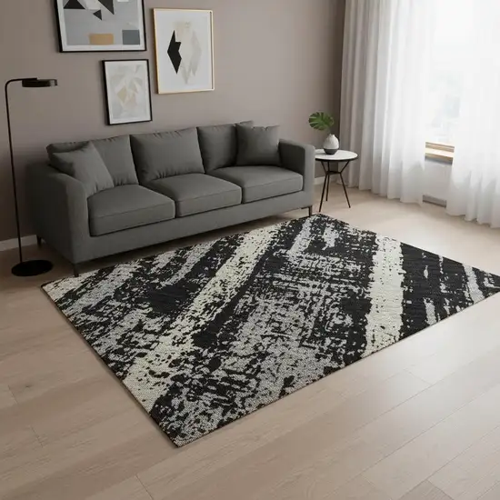 Black Beige And Gray Striped Washable Area Rug With UV Protection Photo 2