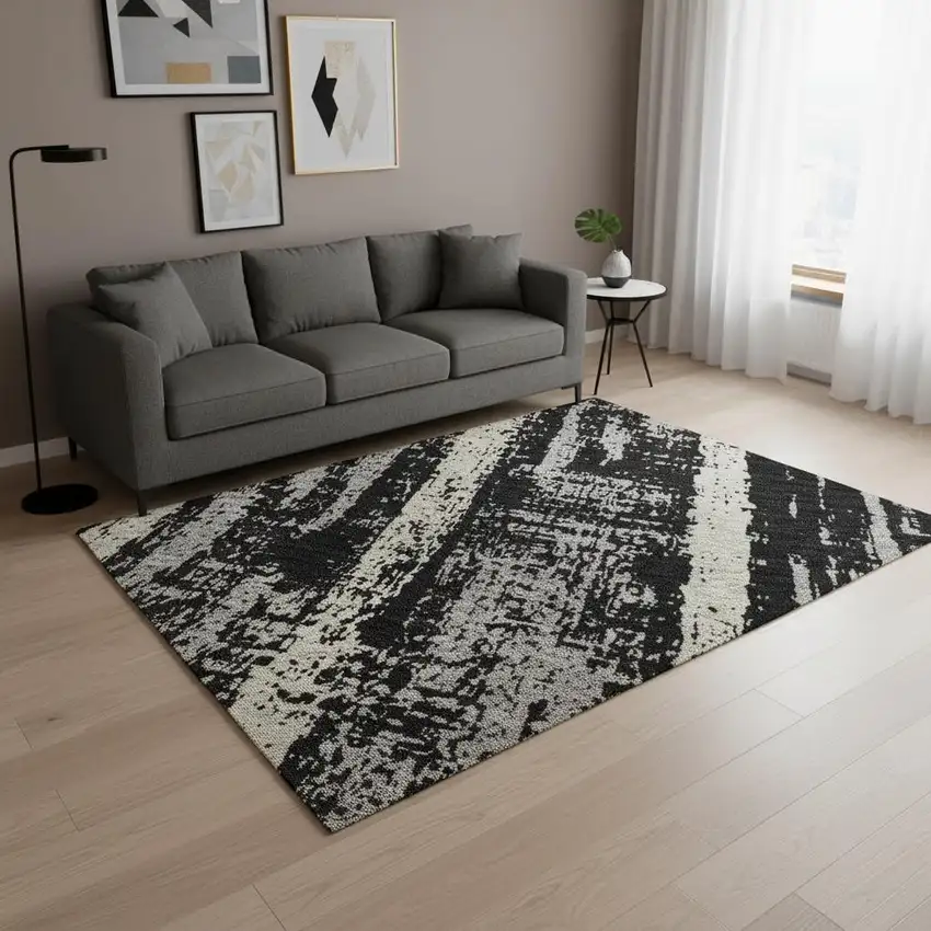 Black Beige And Gray Striped Washable Area Rug With UV Protection Photo 2