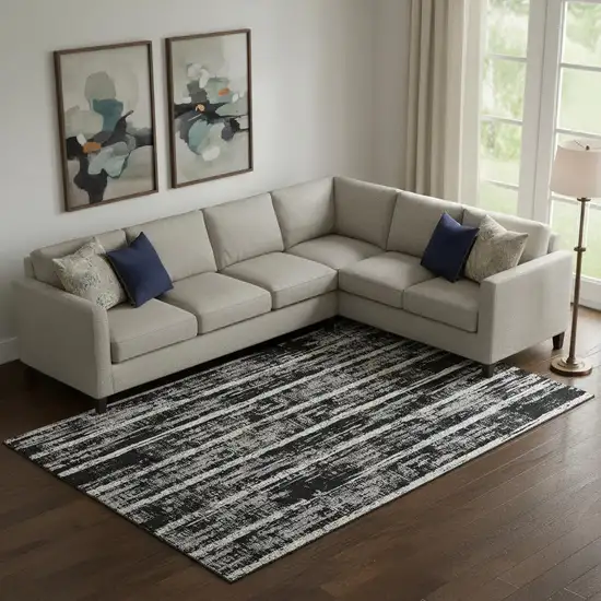 Black Beige And Gray Striped Washable Area Rug With UV Protection Photo 1