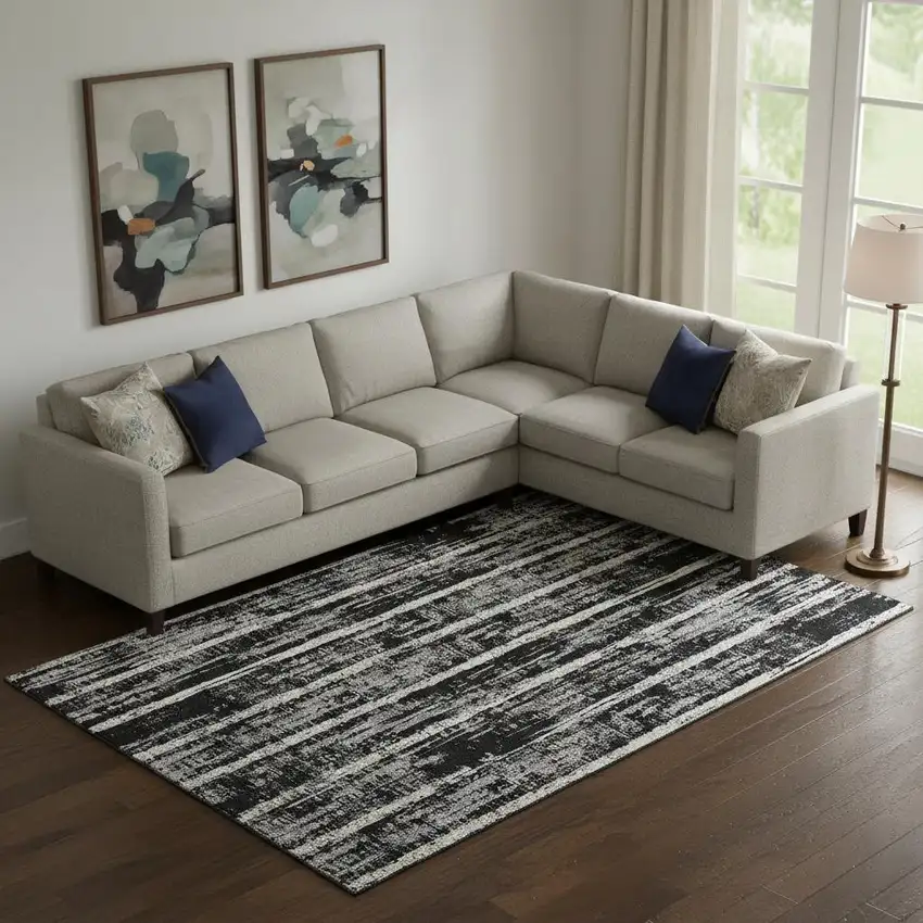 Black Beige And Gray Striped Washable Area Rug With UV Protection Photo 1