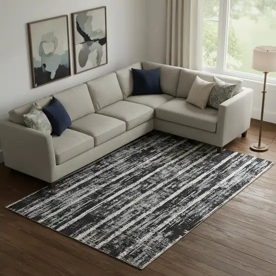 Black Beige And Gray Striped Washable Area Rug With UV Protection Photo 1