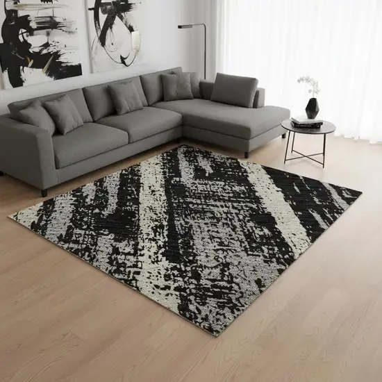 Black Beige And Gray Striped Washable Area Rug With UV Protection Photo 2