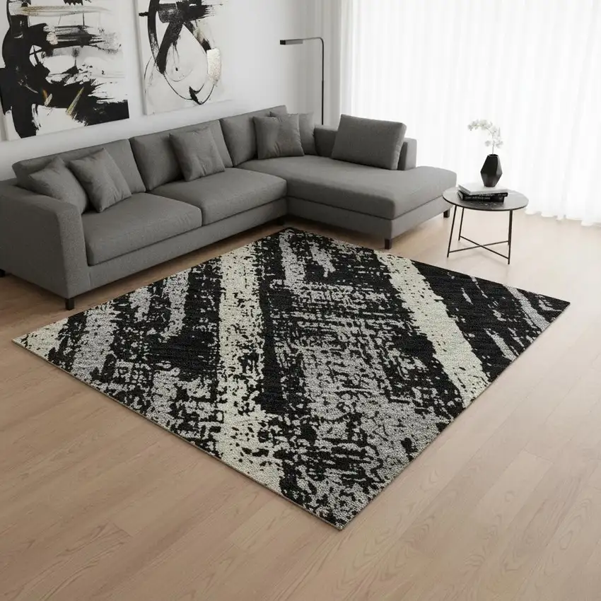 Black Beige And Gray Striped Washable Area Rug With UV Protection Photo 2
