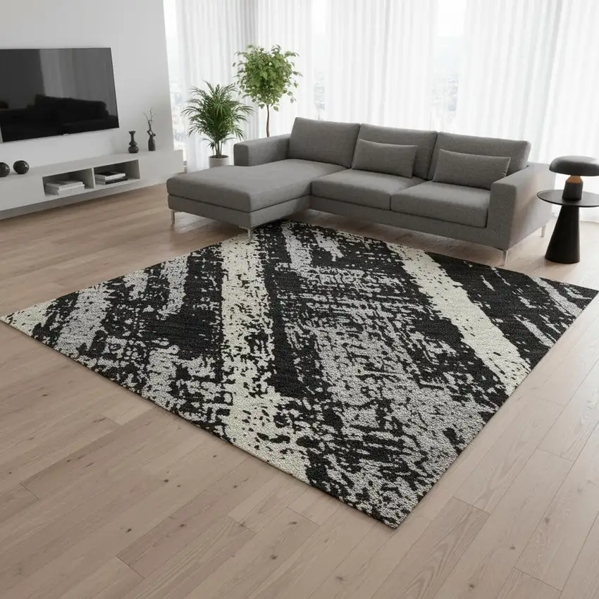 Black Beige And Gray Striped Washable Area Rug With UV Protection Photo 2