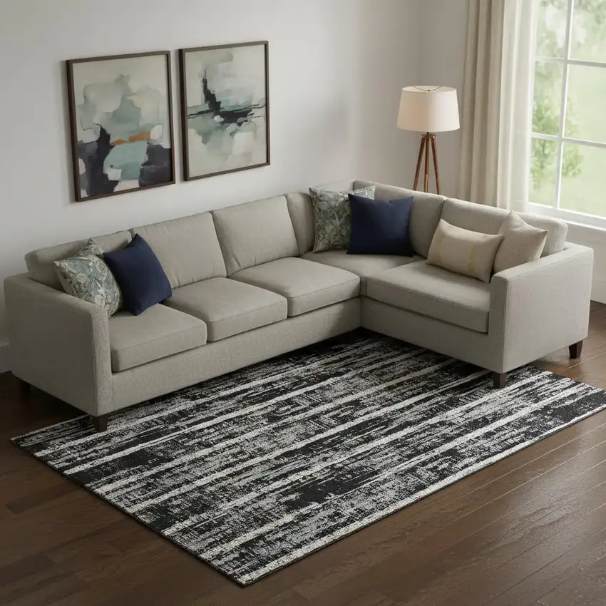 Black Beige And Gray Striped Washable Area Rug With UV Protection Photo 1