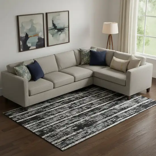 Black Beige And Gray Striped Washable Area Rug With UV Protection Photo 1