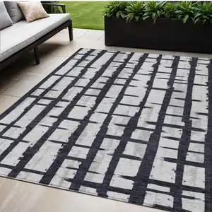 Photo of Black Beige And Gray Striped Washable Indoor Outdoor Area Rug