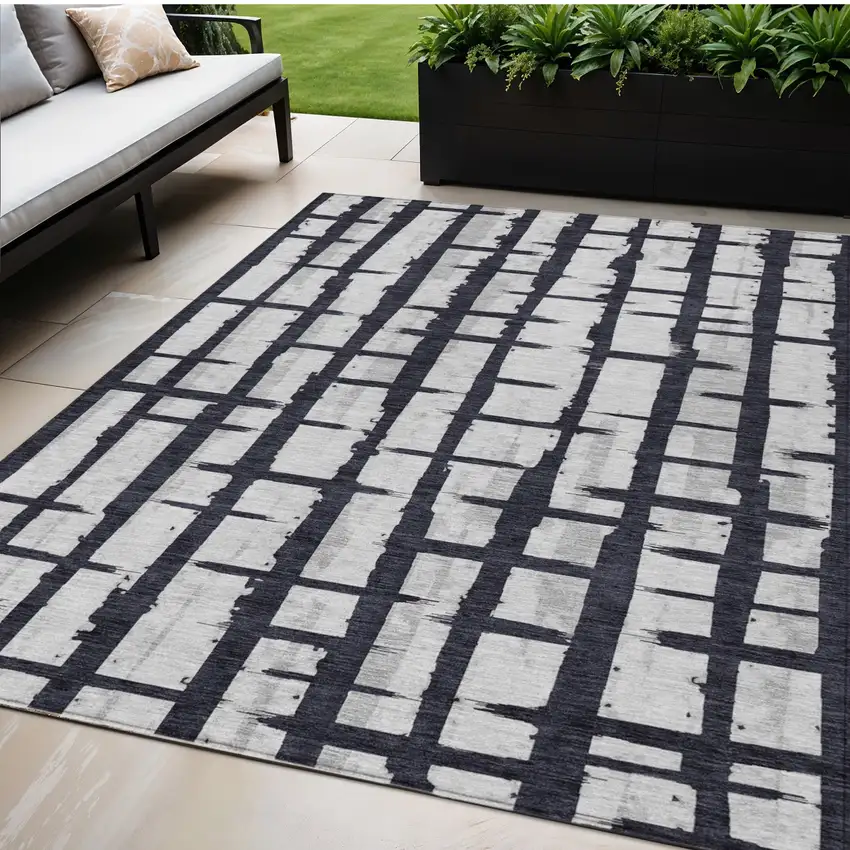 Black Beige And Gray Striped Washable Indoor Outdoor Area Rug Photo 1