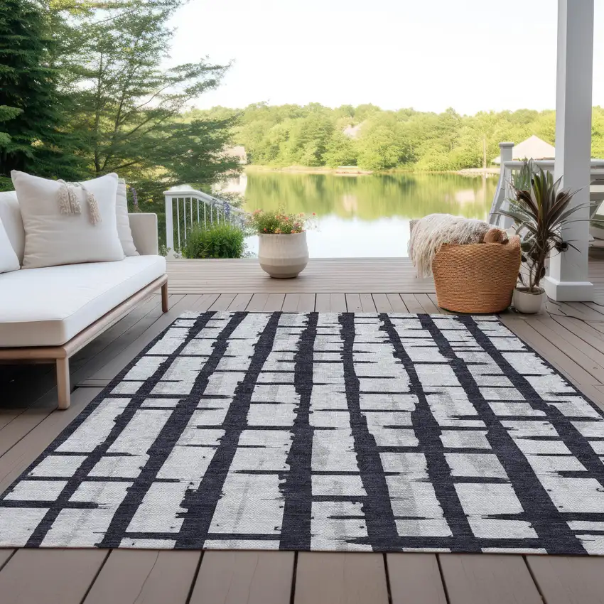 Black Beige And Gray Striped Washable Indoor Outdoor Area Rug Photo 8