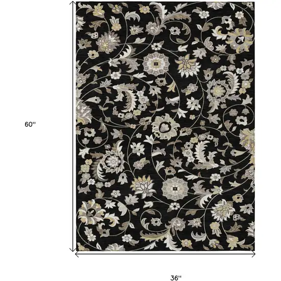 Black Beige And Ivory Floral Washable Indoor Outdoor Area Rug Photo 3
