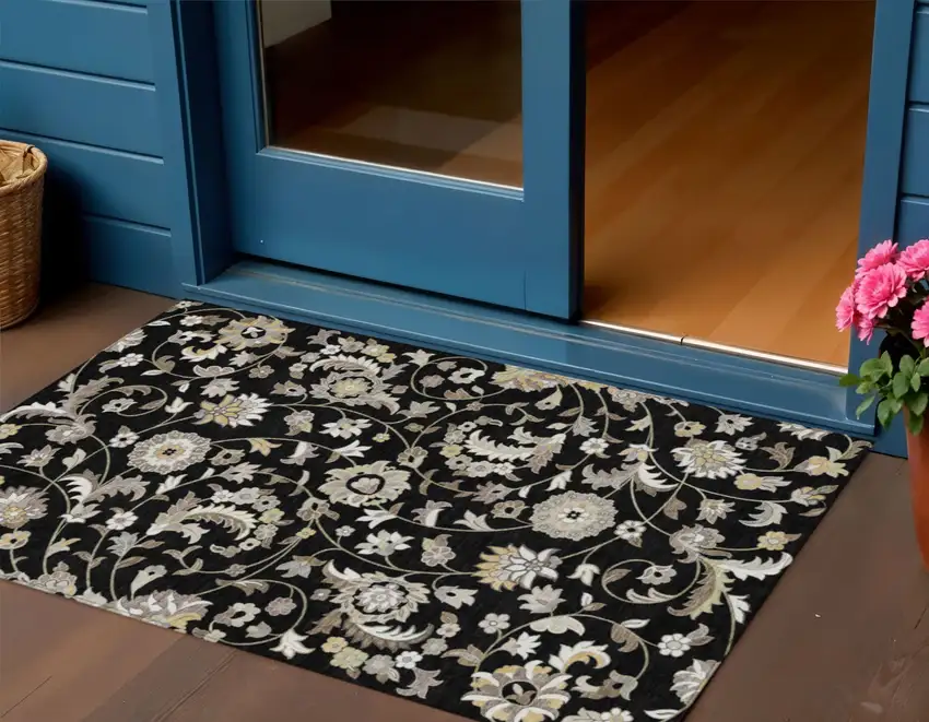 Black Beige And Ivory Floral Washable Indoor Outdoor Area Rug Photo 1