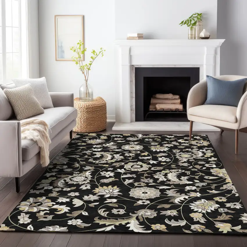 Black Beige And Ivory Floral Washable Indoor Outdoor Area Rug Photo 7