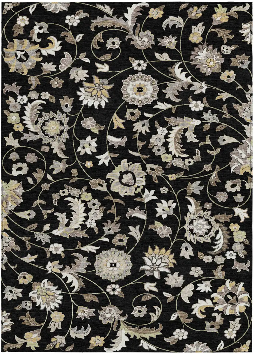 Black Beige And Ivory Floral Washable Indoor Outdoor Area Rug Photo 5