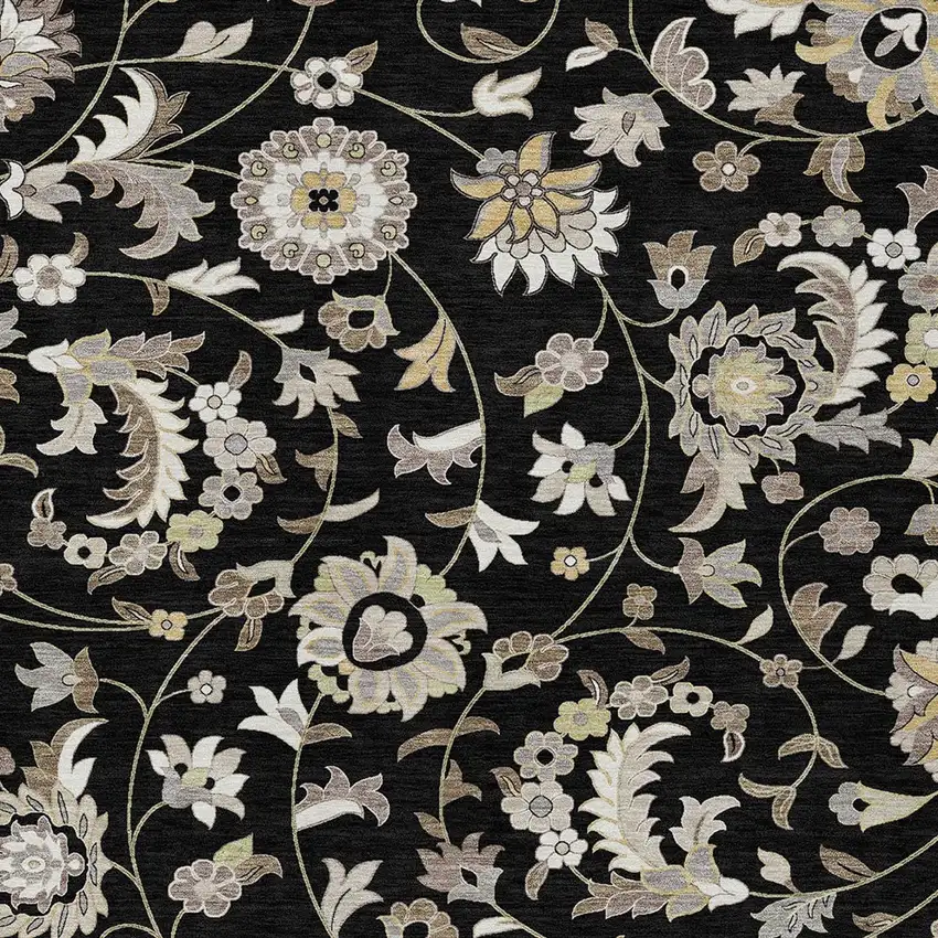 Black Beige And Ivory Floral Washable Indoor Outdoor Area Rug Photo 5