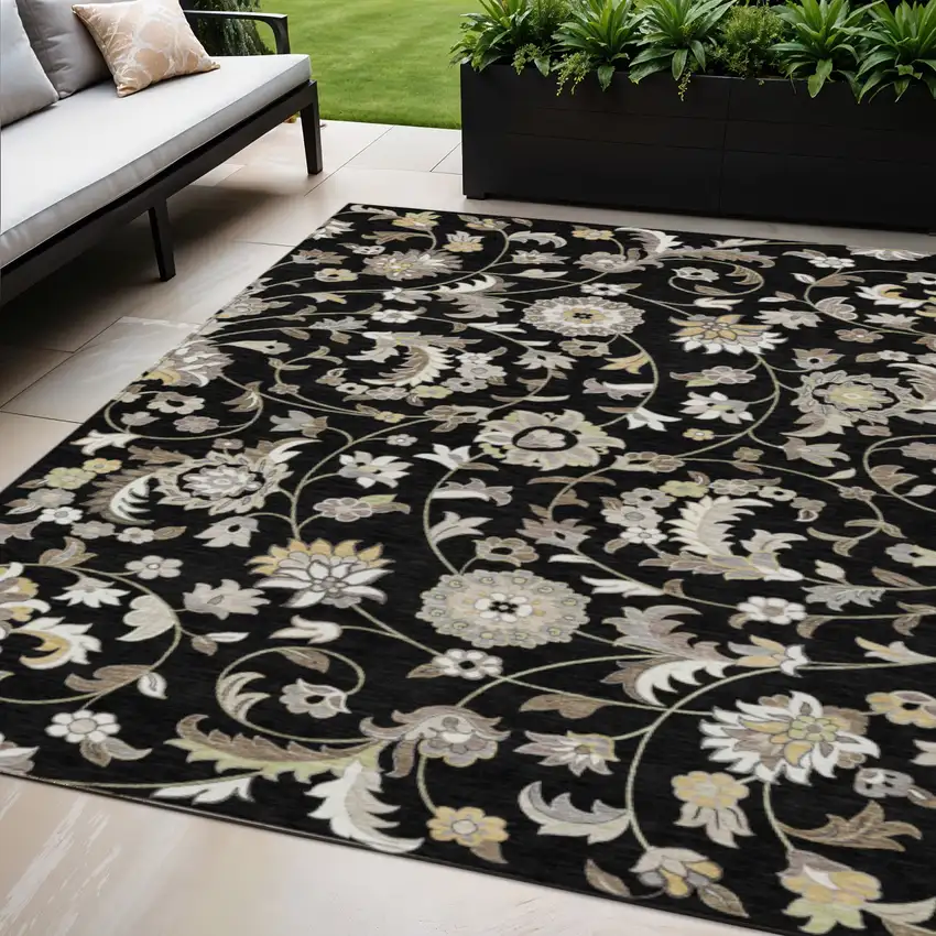 Black Beige And Ivory Floral Washable Indoor Outdoor Area Rug Photo 1