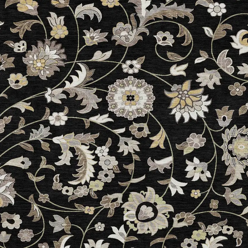 Black Beige And Ivory Floral Washable Indoor Outdoor Area Rug Photo 5