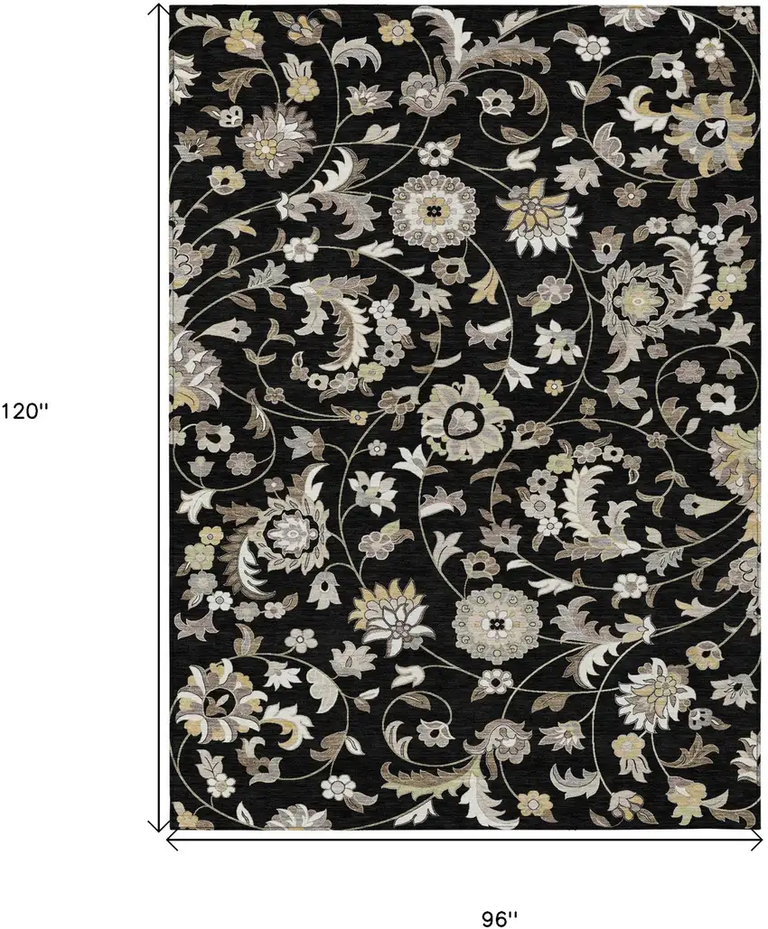 Black Beige And Ivory Floral Washable Indoor Outdoor Area Rug Photo 3