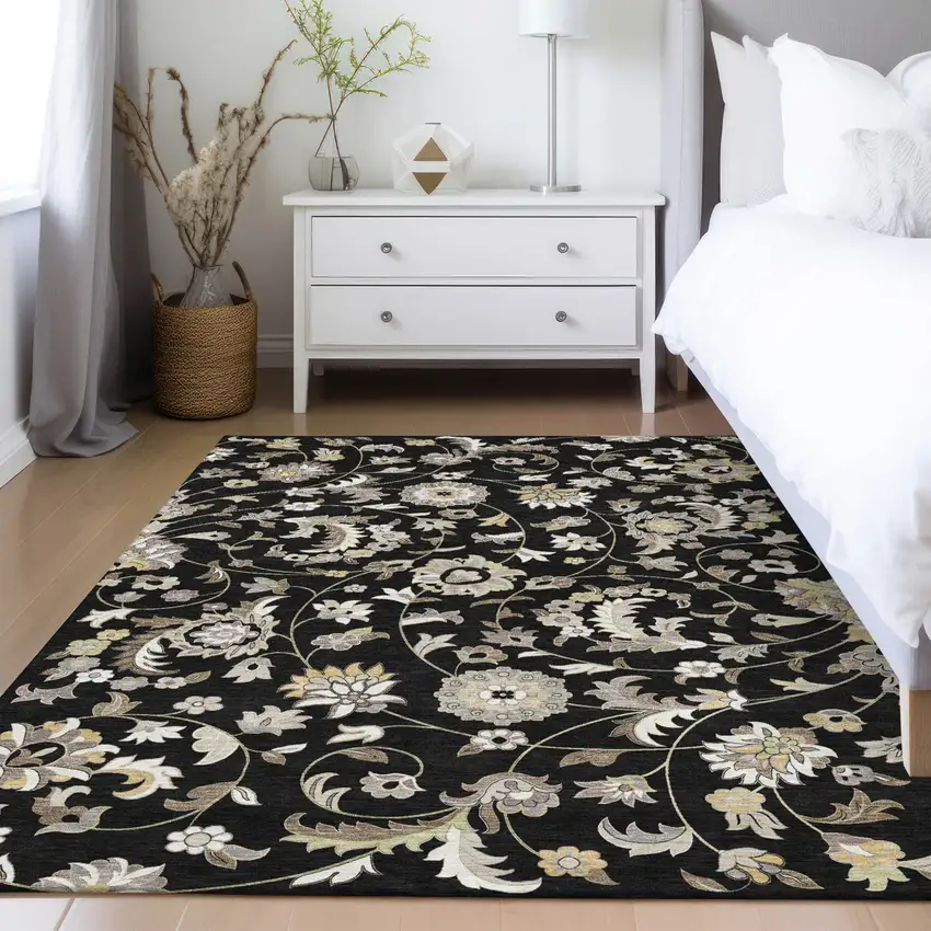 Black Beige And Ivory Floral Washable Indoor Outdoor Area Rug Photo 9