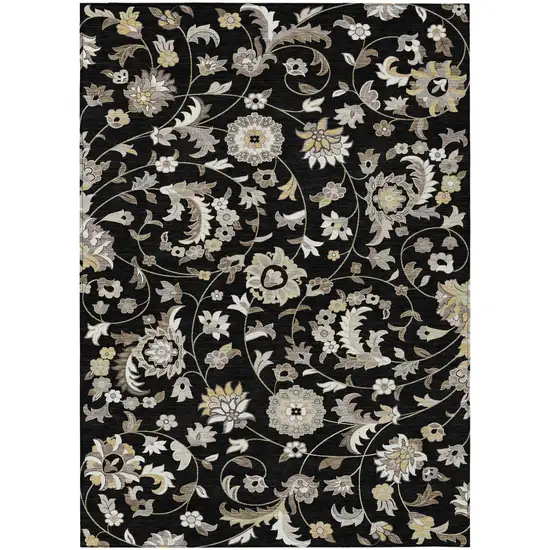 Black Beige And Ivory Floral Washable Indoor Outdoor Area Rug Photo 2